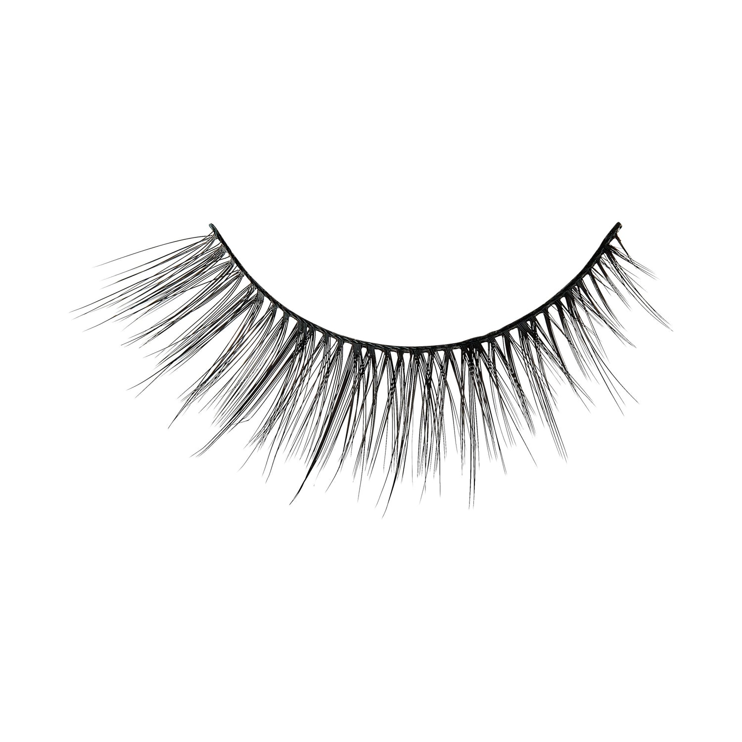 Black false eyelashes with full, dramatic lashes on curved strip band.
