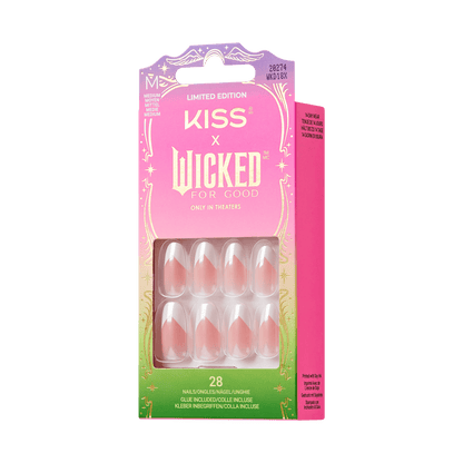 Kiss x Wicked for Good nail art packaging on a green background