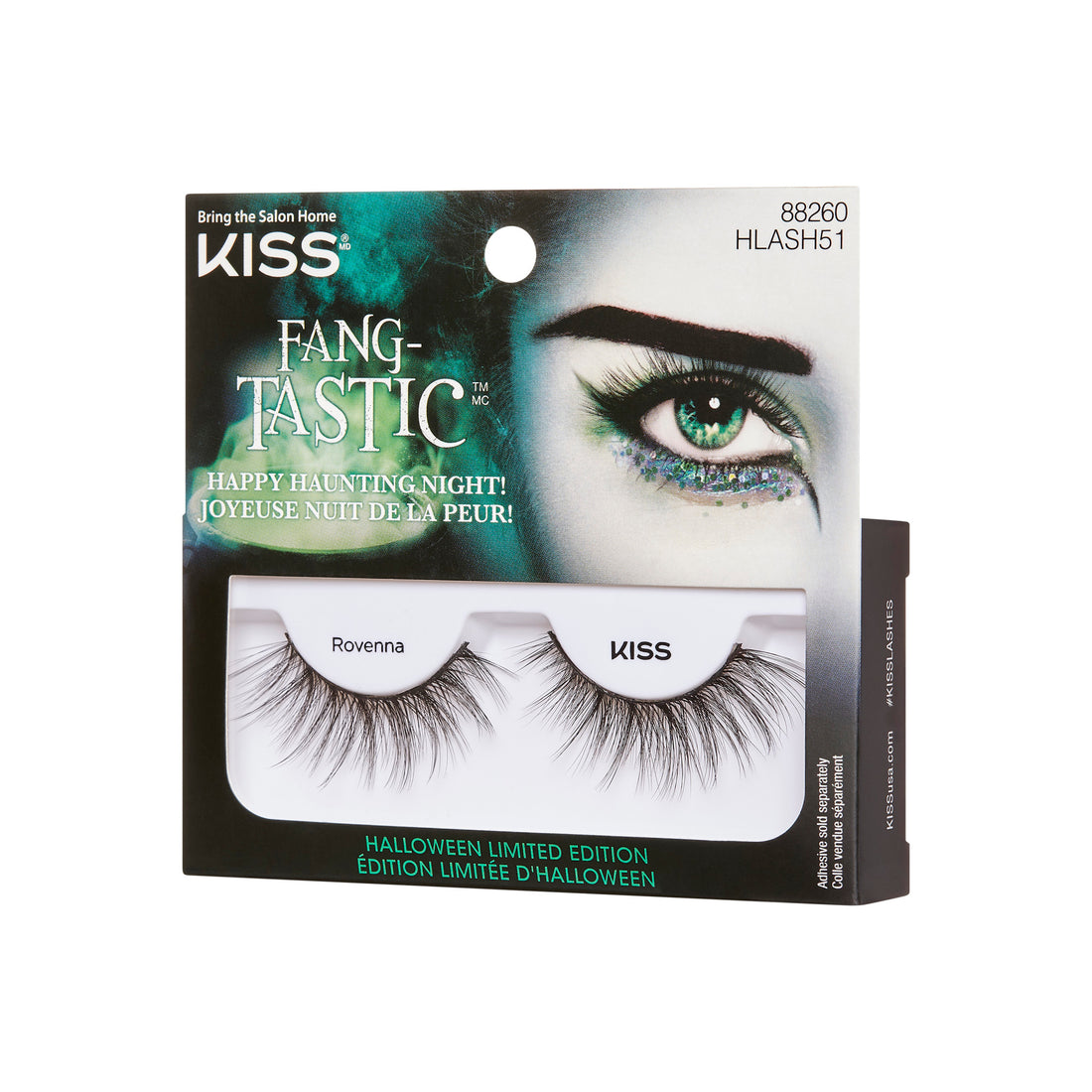 KISS Fang-Tastic Halloween lashes "Rovenna" with green eyeshadow packaging