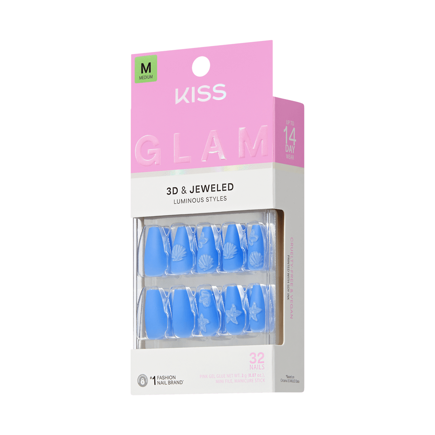 KISS Glam 3D &amp; Jeweled Luminous Styles press-on nails packaging, Medium size, 32 nails, blue medium coffin nails with white shell and starfish embossed designs on transparent background