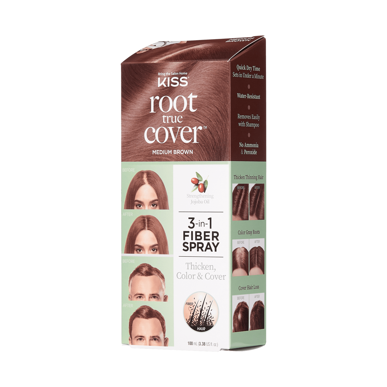 KISS Colors &amp; Care True Cover Root Touch-Up Spray box in medium brown with product claims of quick dry time, water-resistant, easy removal with shampoo, and no ammonia or peroxide. Includes before-and-after photos showing coverage of gray roots, thinning hair, and hair loss.