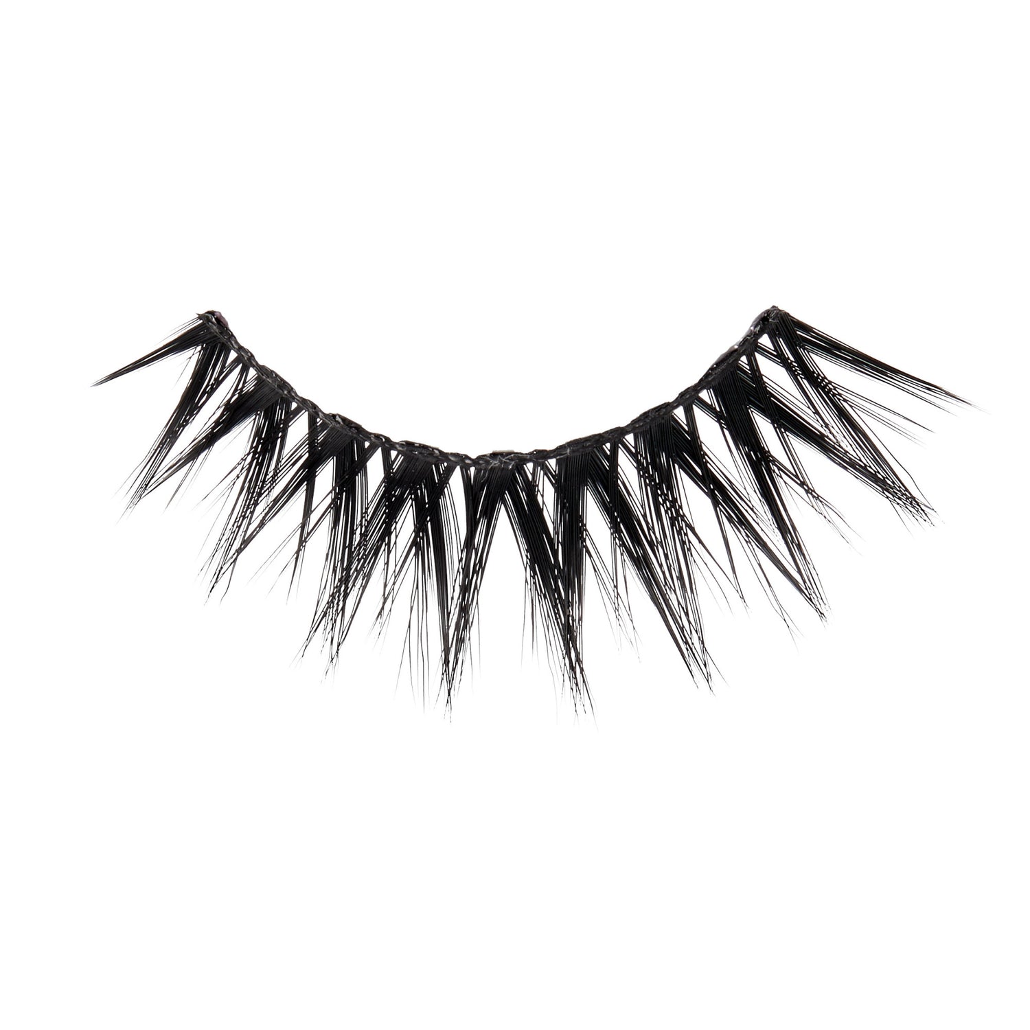 Pair of dramatic black false eyelashes with spiky, layered fibers on white background.
