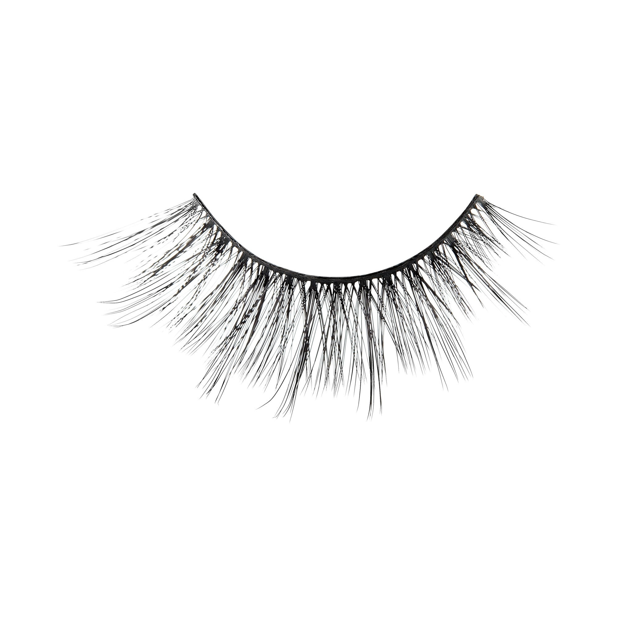 False eyelashes with dramatic black fibers on curved band