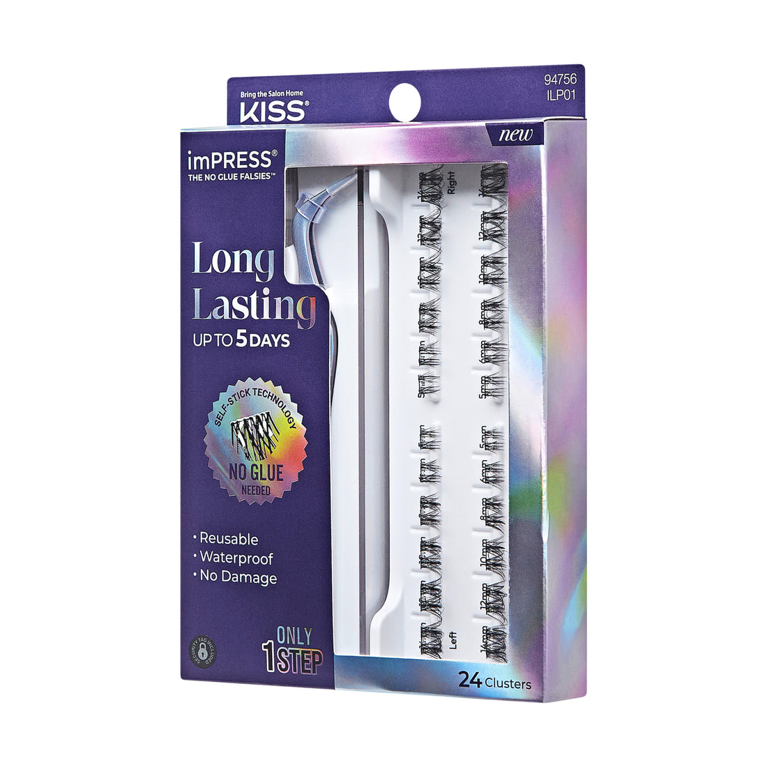 The image features a packaging for "imPRESS" lashes by KISS. The box is labeled "Long Lasting" and indicates that the lashes can last up to 5 days. It highlights that the product is reusable, waterproof, and causes no damage. The packaging showcases a clear view of the contents, which includes 24 lash clusters. The design is colorful and modern, emphasizing the ease of use with a "1 Only 1 Step" instruction.
