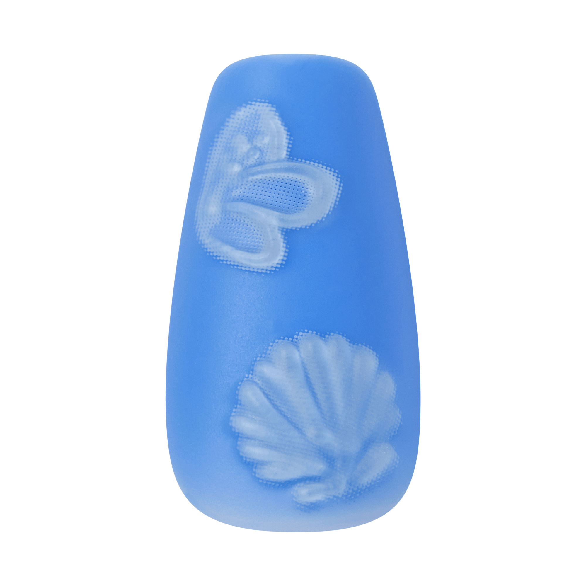 Single medium coffin-shaped press-on nail in blue with white embossed butterfly and seashell designs on a transparent background