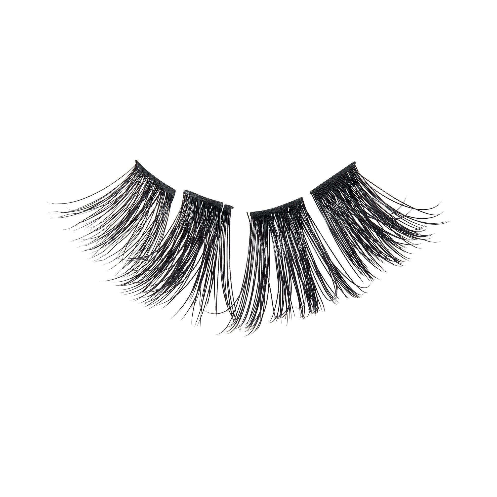 Pair of black false eyelashes with a wispy, separated design and varying lengths for an extra dramatic effect, shown on a white background.