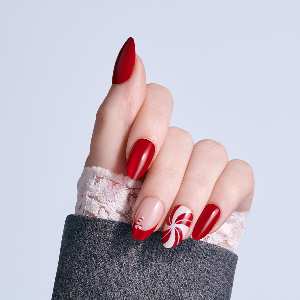 Kiss Merry Holiday Press On Fake Glue Nails - Jolly Dust | French Design, Red, Medium, Almond