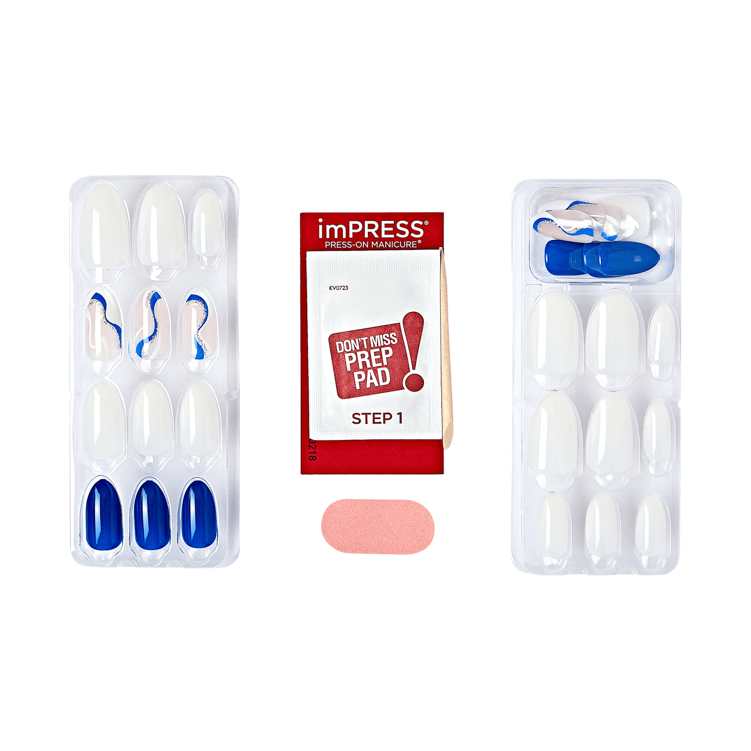 The image shows a set of press-on manicure nails from the brand "imPRESS." The set includes two trays of artificial nails, a prep pad, and a small pink nail file. The nails come in various sizes and designs, including plain white, white with blue and pink swirls, and solid blue. The prep pad is labeled "STEP 1" and has instructions to not miss this step. The nail file is rectangular and pink in color.