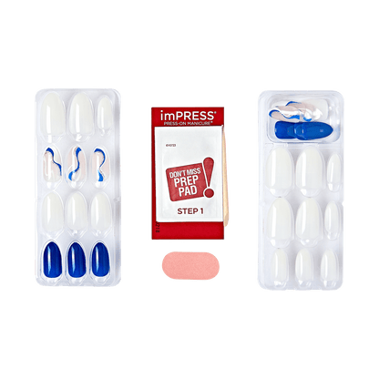 The image shows a set of press-on manicure nails from the brand "imPRESS." The set includes two trays of artificial nails, a prep pad, and a small pink nail file. The nails come in various sizes and designs, including plain white, white with blue and pink swirls, and solid blue. The prep pad is labeled "STEP 1" and has instructions to not miss this step. The nail file is rectangular and pink in color.
