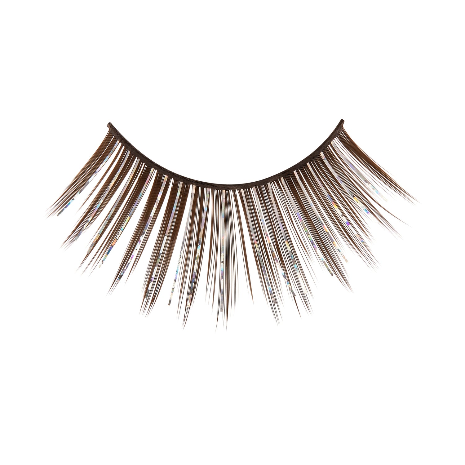 Brown false eyelashes with wispy, feathered strands on white background