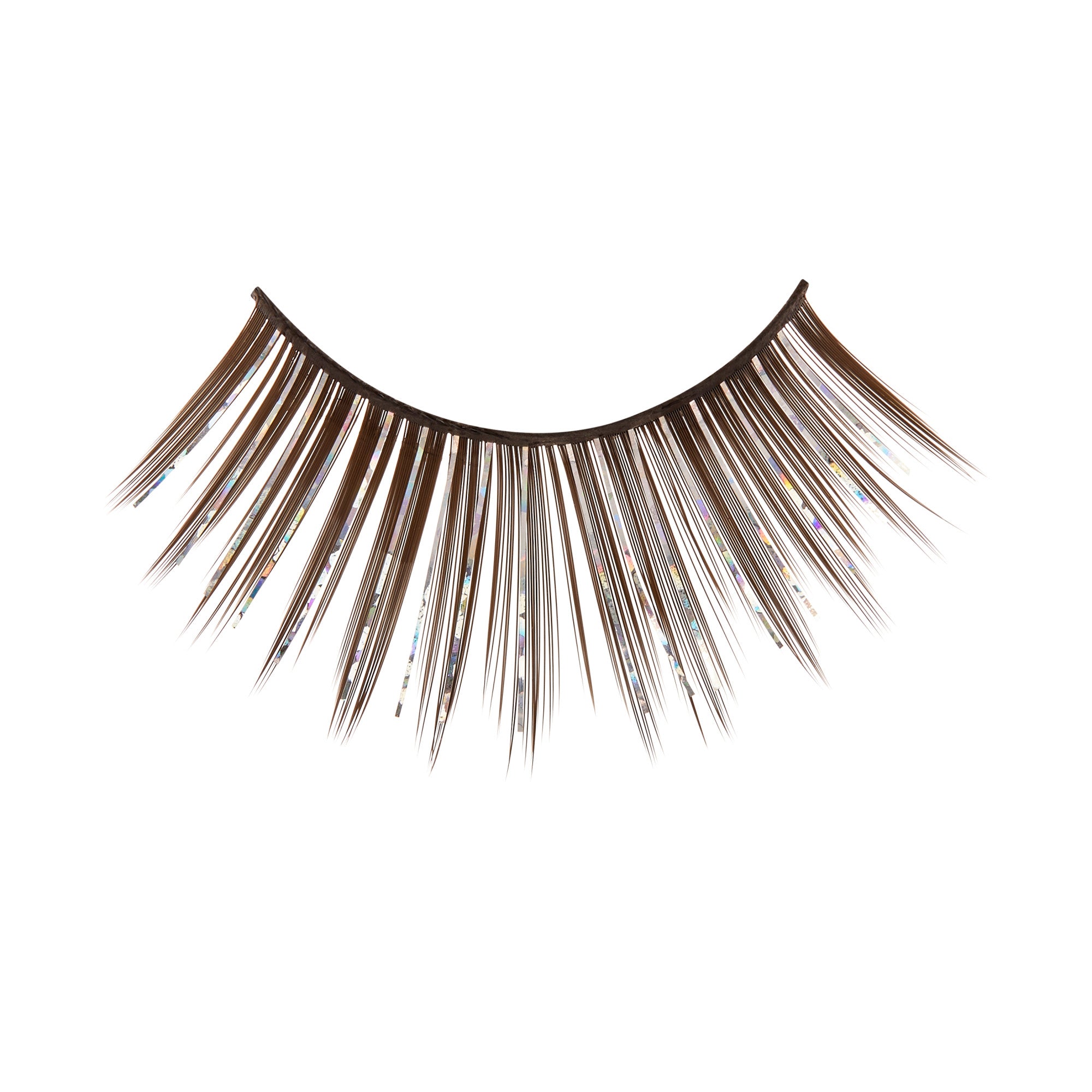 Brown false eyelashes with wispy, feathered strands on white background