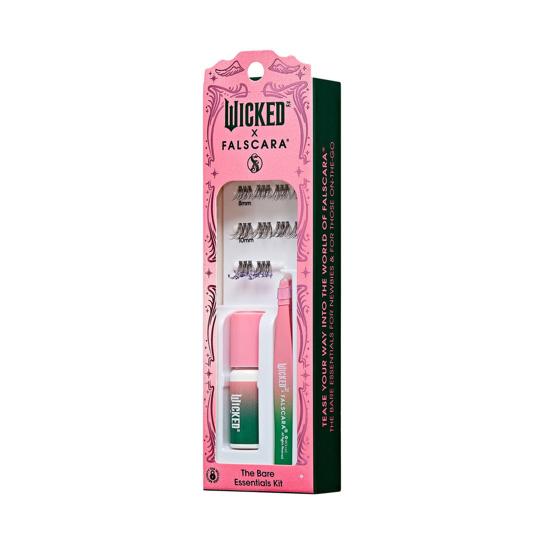 The image features a product packaging for the "Wicked x Falscara The Bare Essentials Kit." The packaging is predominantly pink with decorative elements, showcasing a sleek design. Inside the kit, there are false eyelashes, a bonding applicator, and a remover. The branding is prominent, with the names "Wicked" and "Falscara" clearly displayed. The overall aesthetic is modern and appealing, aimed at beauty enthusiasts looking for eyelash enhancement solutions.