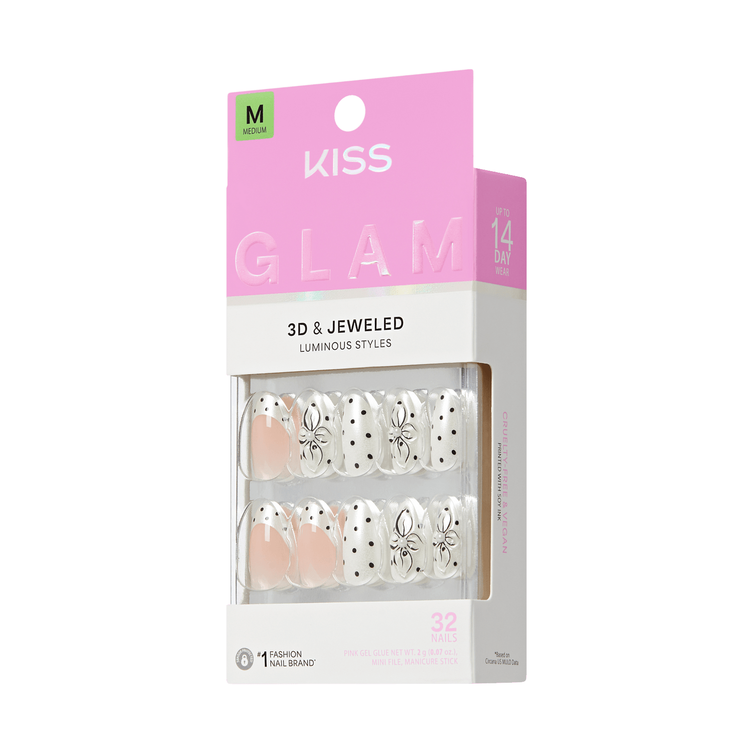 Kiss Glam Jeweled Press On Fake Glue Nails - Mood Pop | 3D &amp; Jeweled French Design, Black &amp; White, Medium, Almond