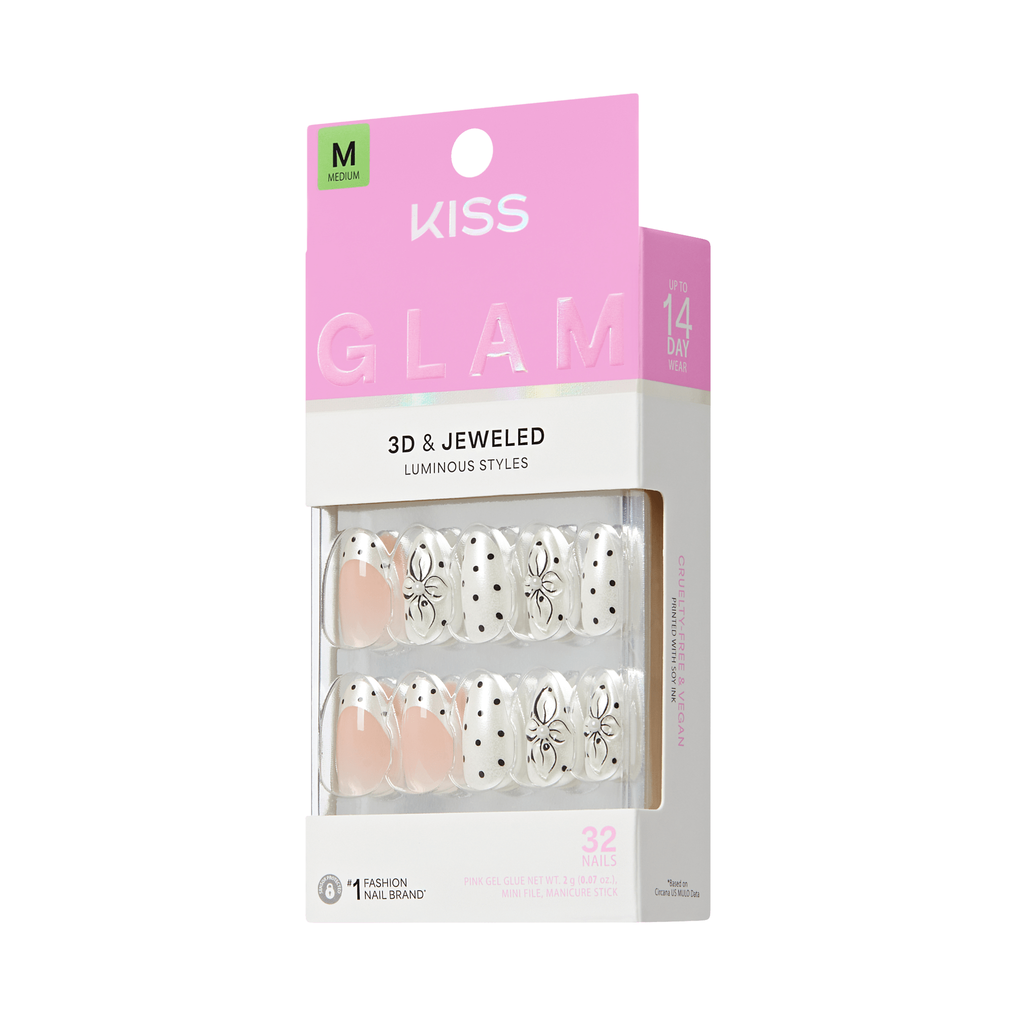 Kiss Glam Jeweled Press On Fake Glue Nails - Mood Pop | 3D &amp; Jeweled French Design, Black &amp; White, Medium, Almond