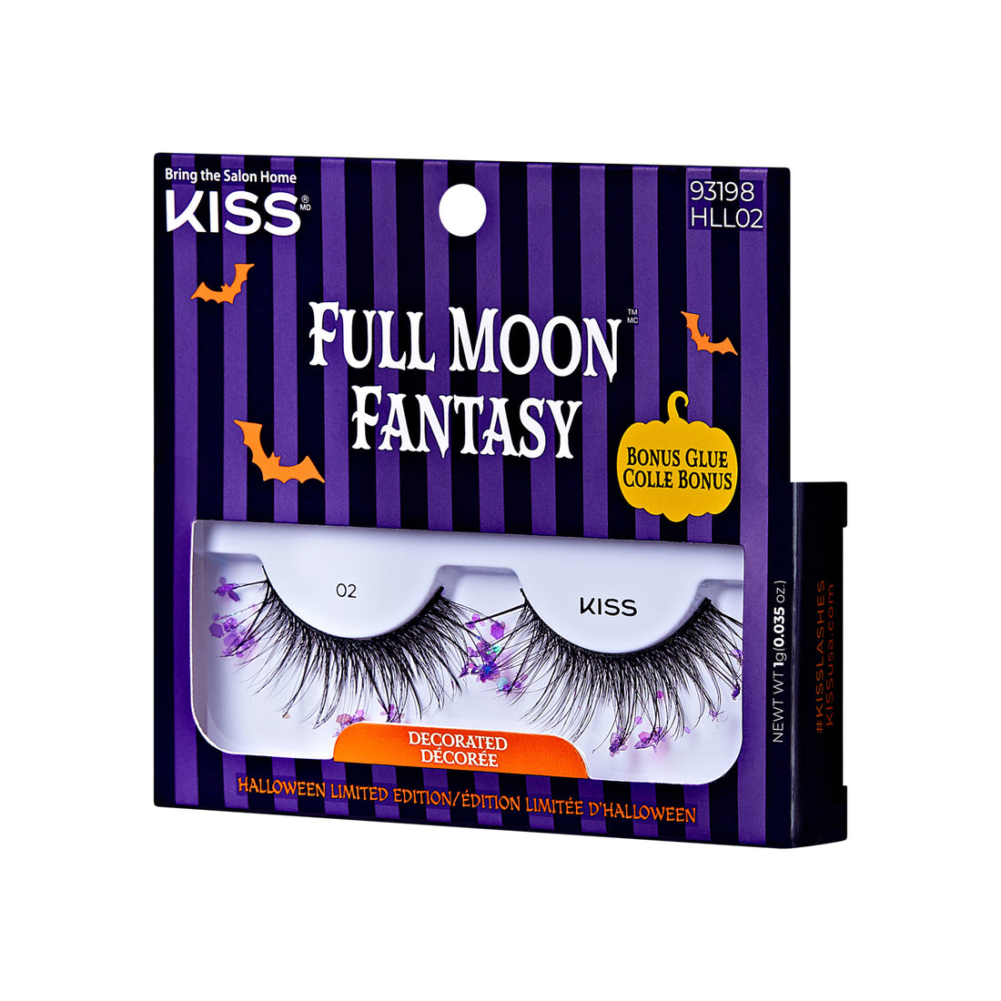 The image shows a package of false eyelashes from the brand "KISS." The product is named "Full Moon Fantasy" and is part of a Halloween limited edition. The packaging is predominantly purple with black vertical stripes and features Halloween-themed graphics, including a bat and a pumpkin. The package also mentions that it includes a bonus glue. The eyelashes inside are decorated with small purple accents. The product code "93198 HLL02" is visible on the top right corner of the package.