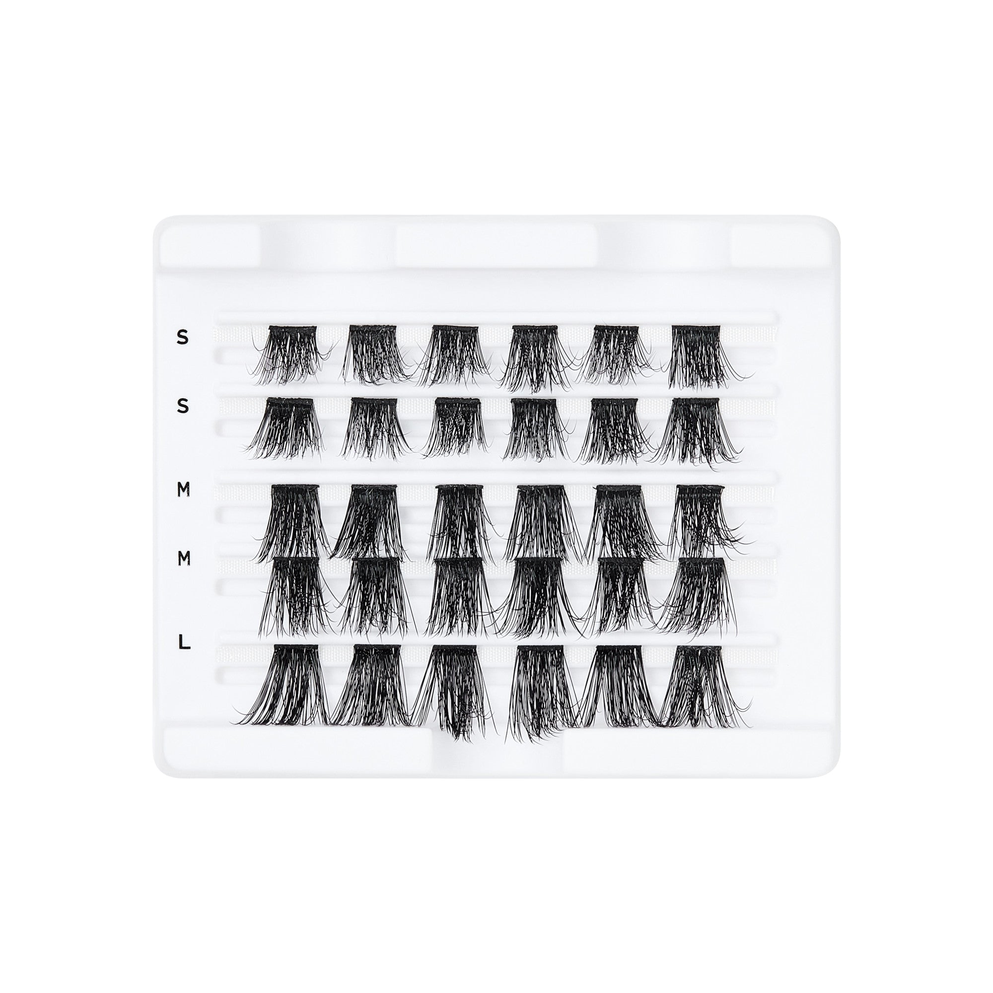 White tray holding 30 black false eyelash wisps in varying sizes labeled S, M, and L, arranged in five neat rows for easy selection.