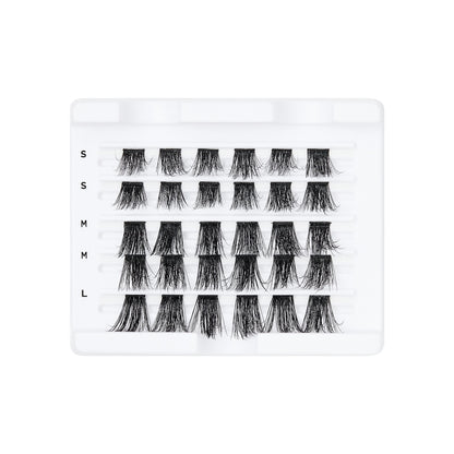 White tray holding 30 black false eyelash wisps in varying sizes labeled S, M, and L, arranged in five neat rows for easy selection.