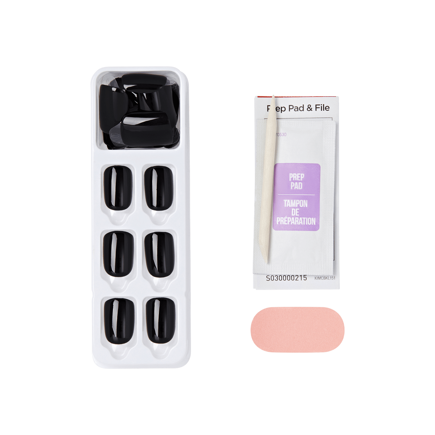 Tray of glossy black press-on nails with six displayed nails and additional nails in a compartment, alongside a prep pad packet, wooden cuticle stick, and pink nail file.