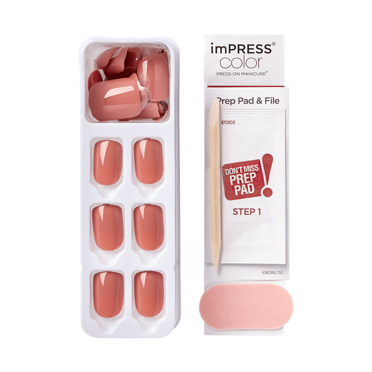 Glossy caramel-colored press-on nails in a white plastic tray, accompanied by a wooden cuticle stick, pink nail file, and a prep pad labeled \