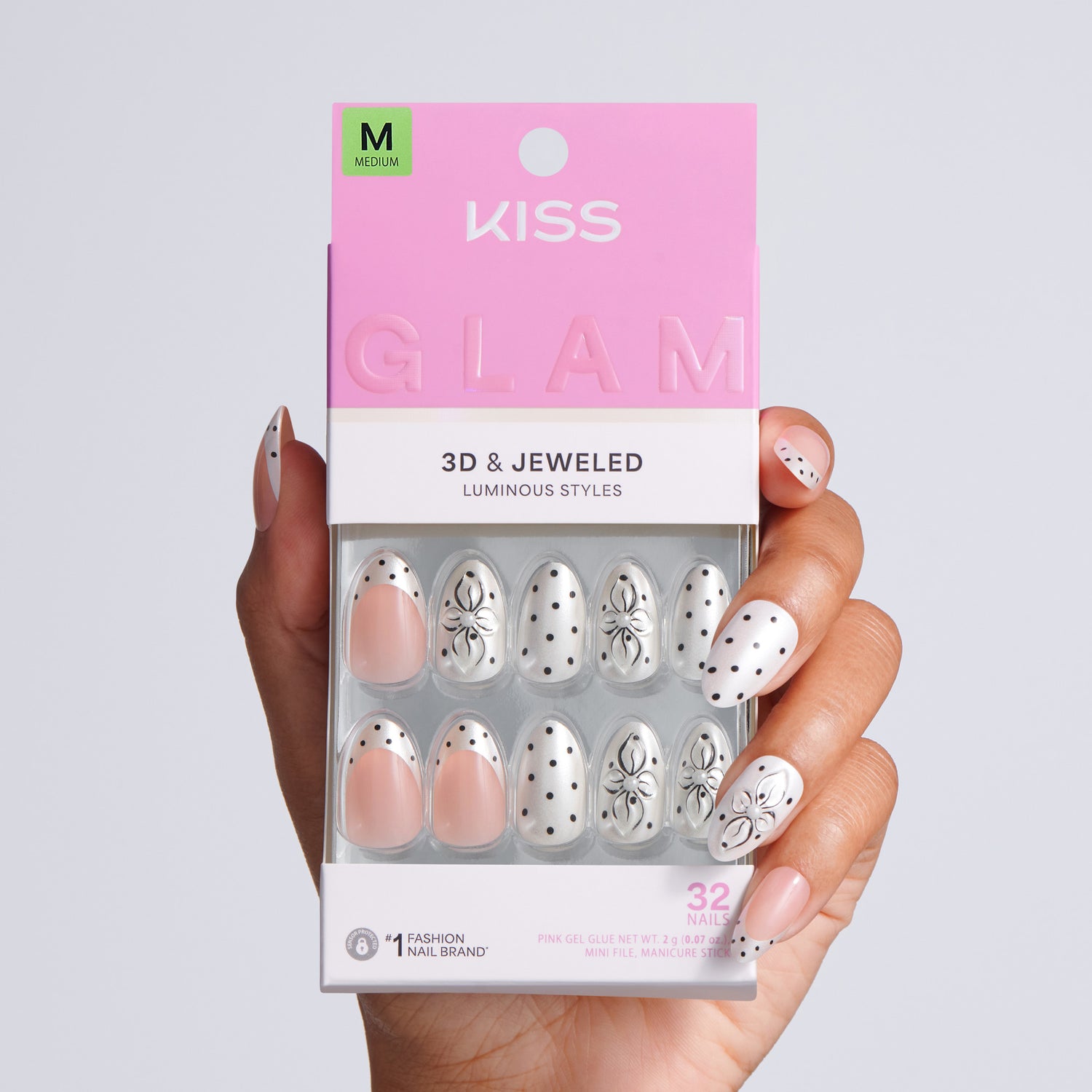 Kiss Glam Jeweled Press On Fake Glue Nails - Mood Pop | 3D &amp; Jeweled French Design, Black &amp; White, Medium, Almond
