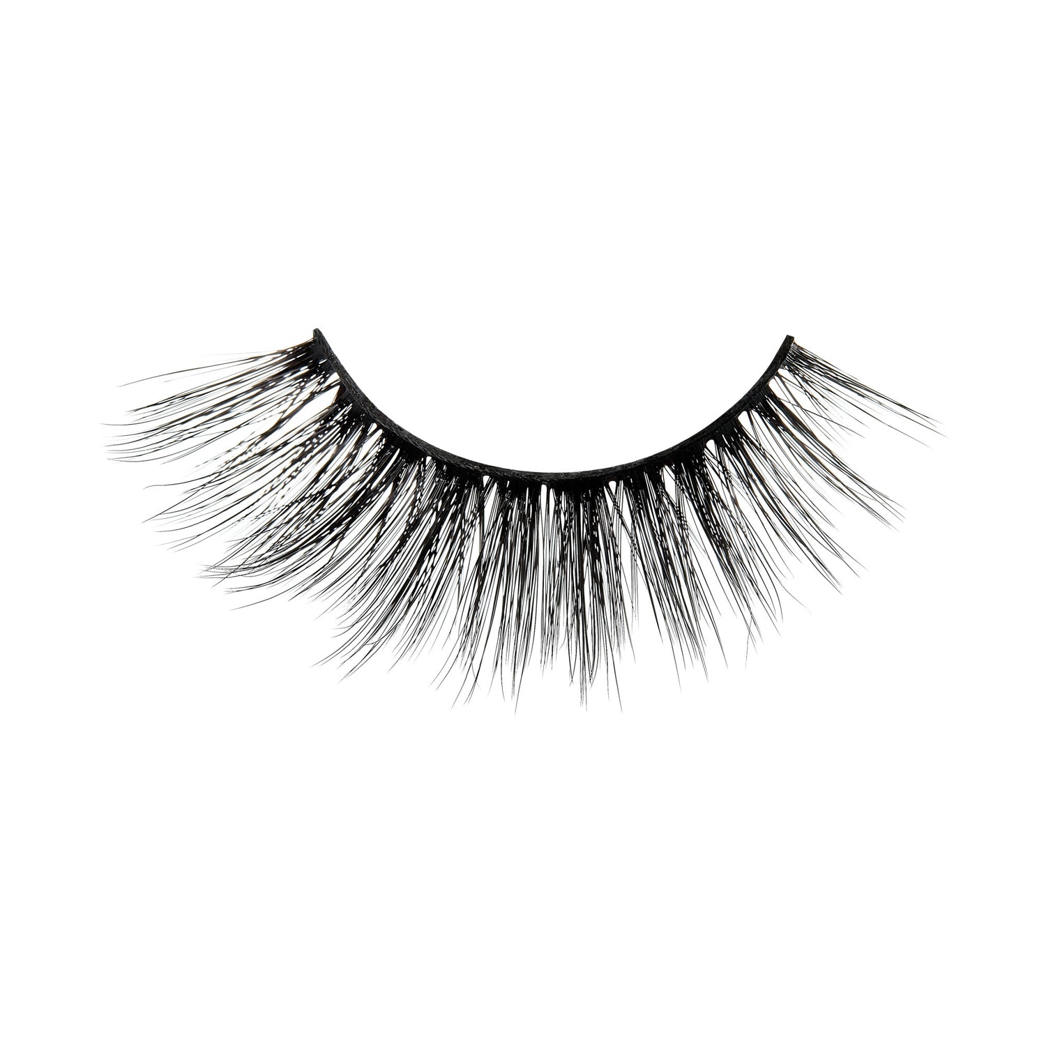 Black false eyelashes with dramatic, voluminous strands on white background.
