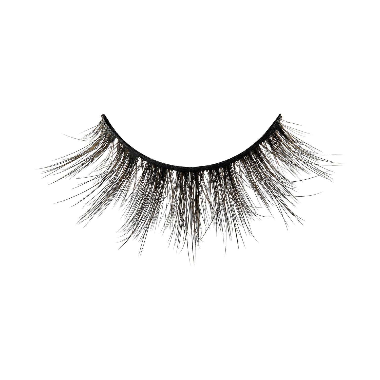 Voluminous black false eyelashes with layered synthetic fibers on white background.