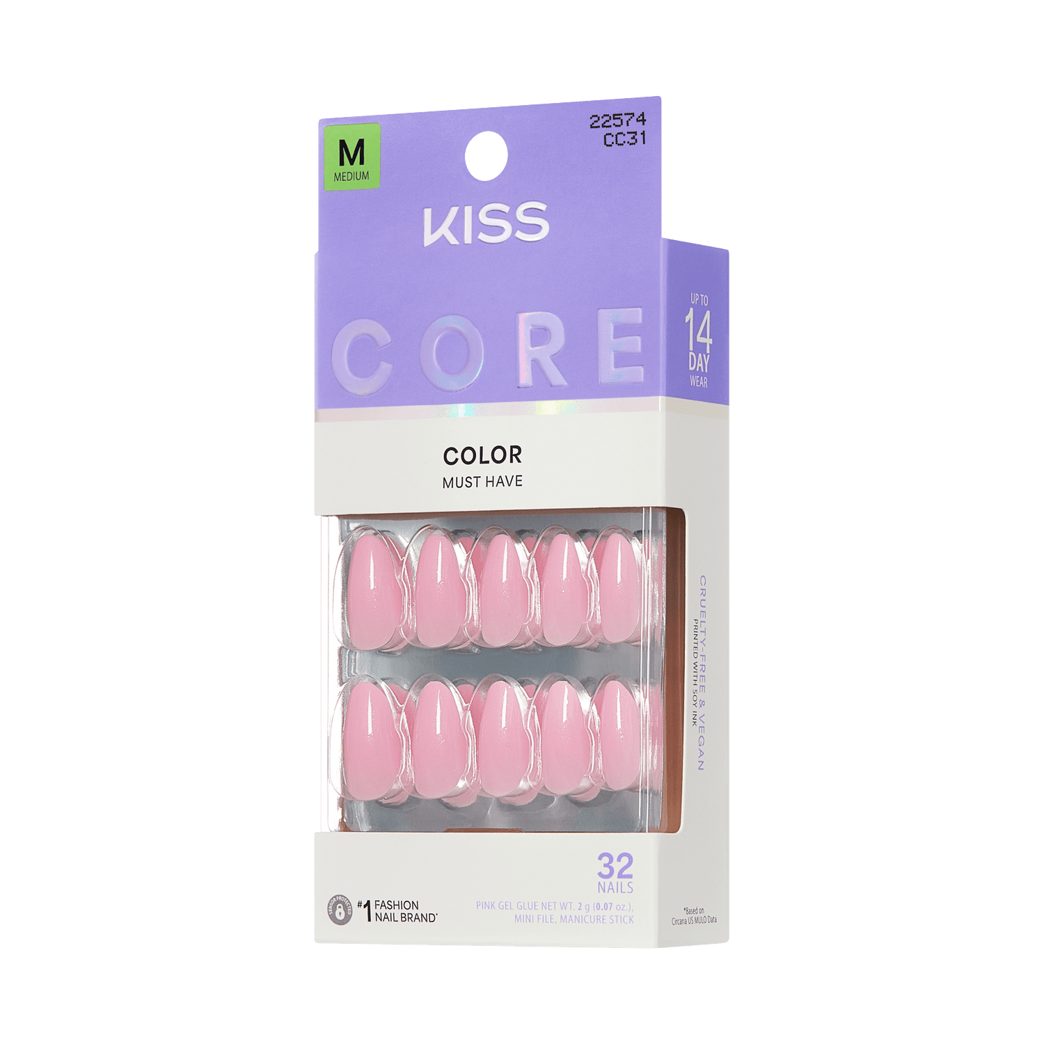 KISS Core Color Must Have pink gel press-on nails, 32 nails, medium size