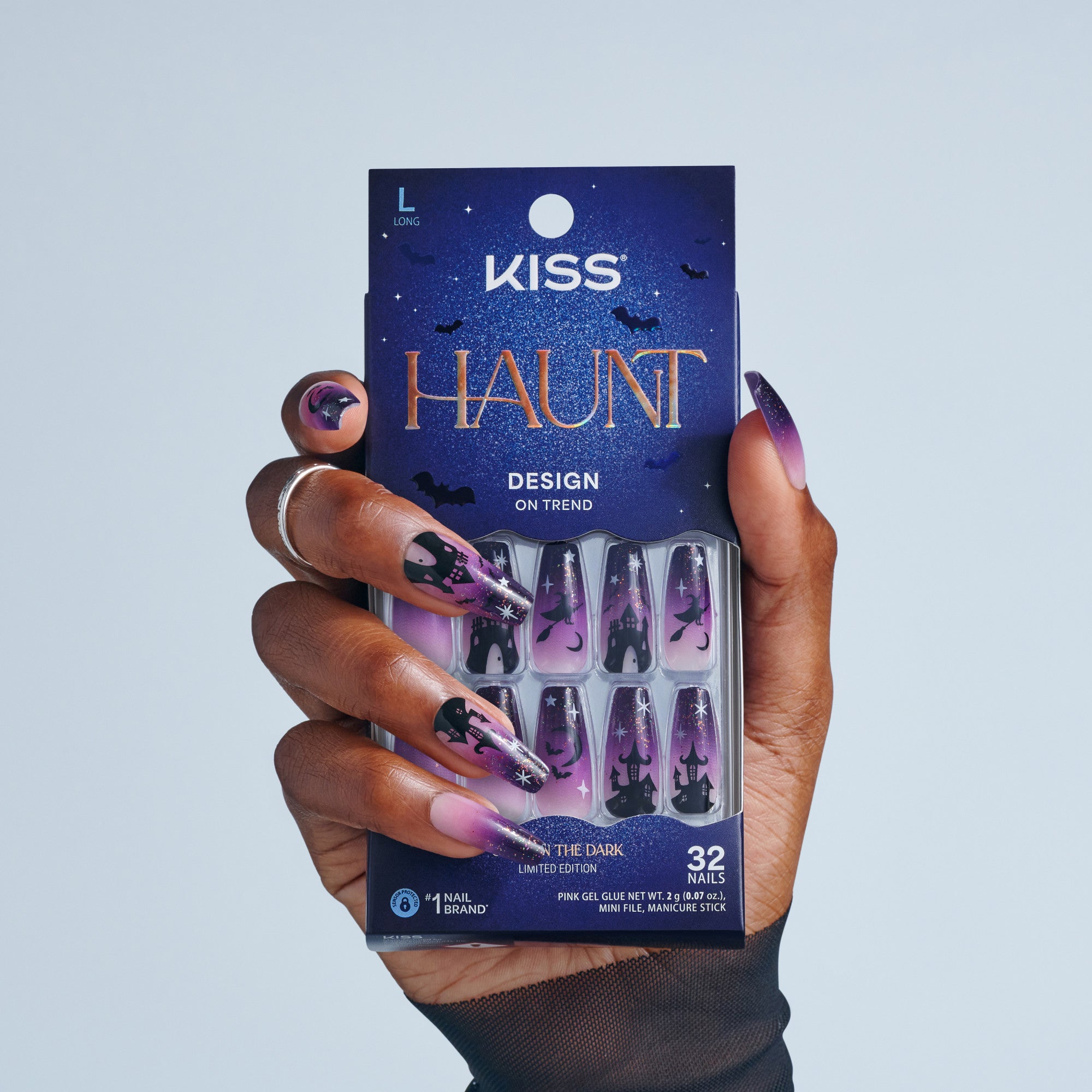 Kiss Haunt Halloween Press On Fake Glue Nails - After Dark | Design, Purple, Long, Coffin, Glow In The Dark