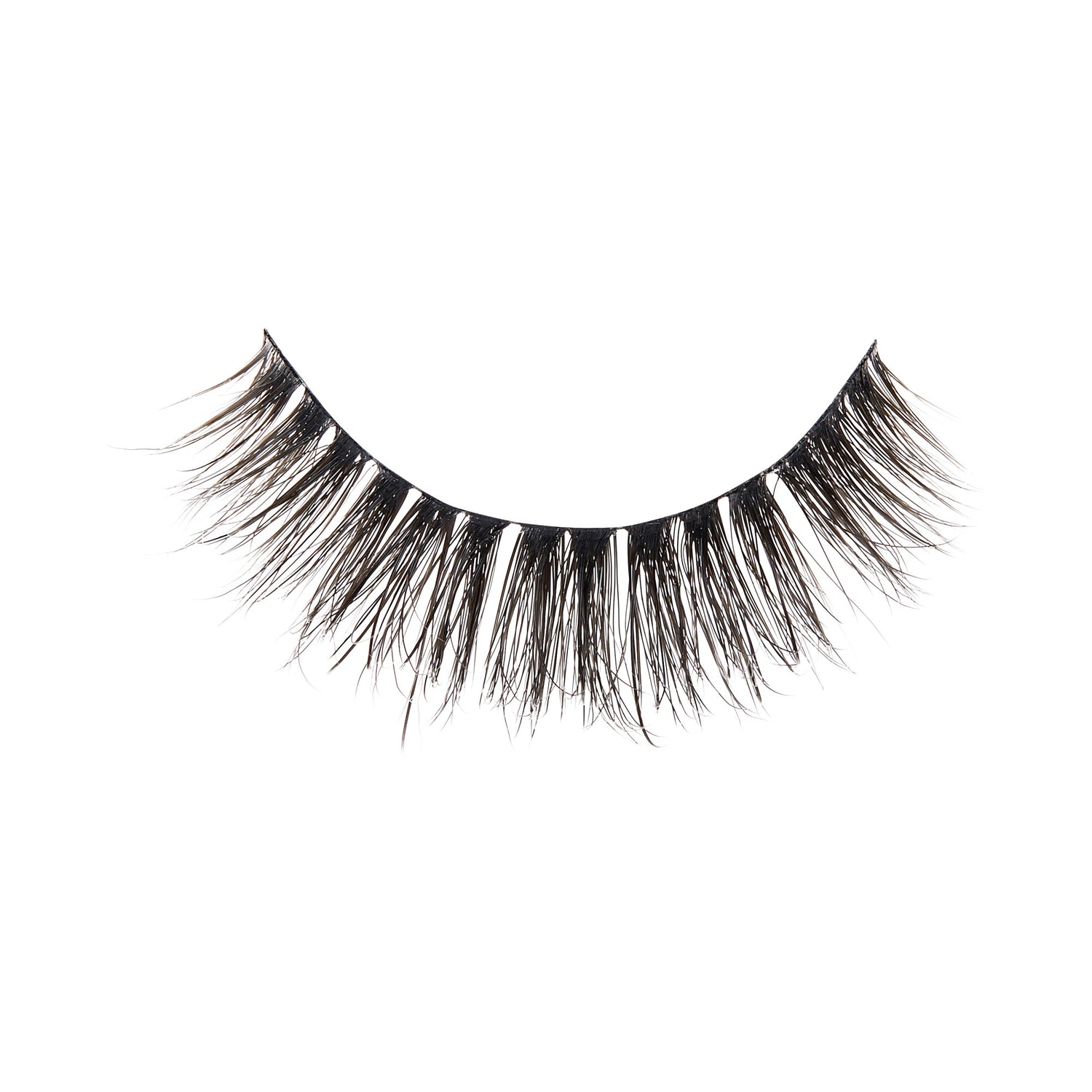 The image shows a single false eyelash. The eyelash is curved to fit the natural shape of the eye and features long, thick, and wispy black fibers. The base of the eyelash is a thin black strip, which is designed to adhere to the eyelid. The fibers are densely packed at the base and taper off towards the ends, giving a voluminous and dramatic look.