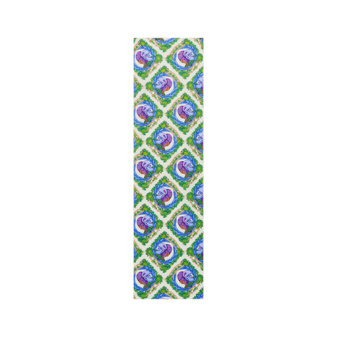 Satin wrap scarf with a repeating pattern featuring a stylized purple hand holding a red bird, framed by green leaves and blue laurels on a white background.