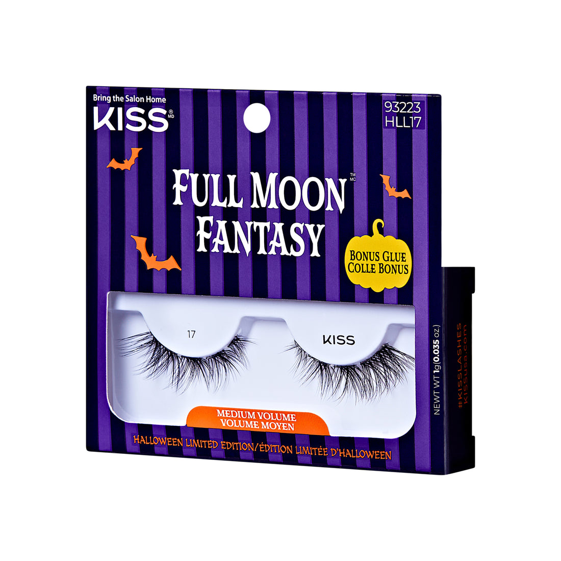 The image shows a product package for "KISS Full Moon Fantasy" false eyelashes. The packaging has a Halloween theme, with a purple and black striped background and orange bat and pumpkin graphics. The product is labeled as "Medium Volume" and includes a bonus glue. The package also indicates that this is a "Halloween Limited Edition." The product code "93223 HLL17" is visible on the top right corner of the package. The eyelashes are displayed prominently in the center of the package.