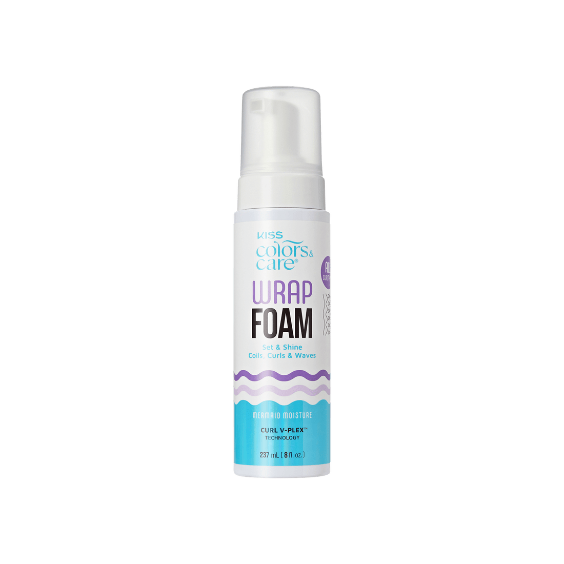 Kiss Colors &amp; Care Wrap Foam, 237mL bottle for curls and waves with mermaid moisture technology.