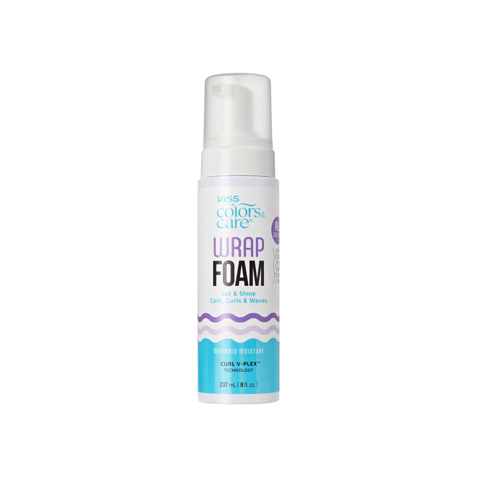 Kiss Colors &amp; Care Wrap Foam, 237mL bottle for curls and waves with mermaid moisture technology.