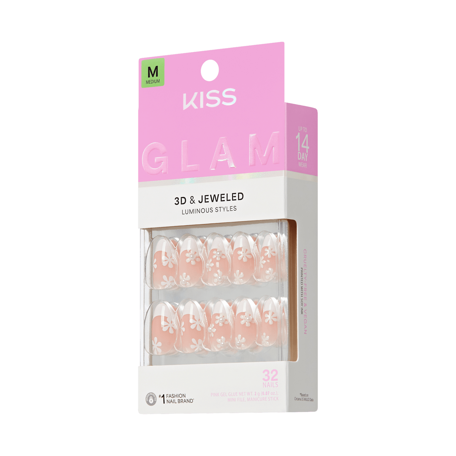 Kiss Glam Jeweled Press On Fake Glue Nails - Crystal Bloom | 3D &amp; Jeweled French Design, White, Medium, Almond