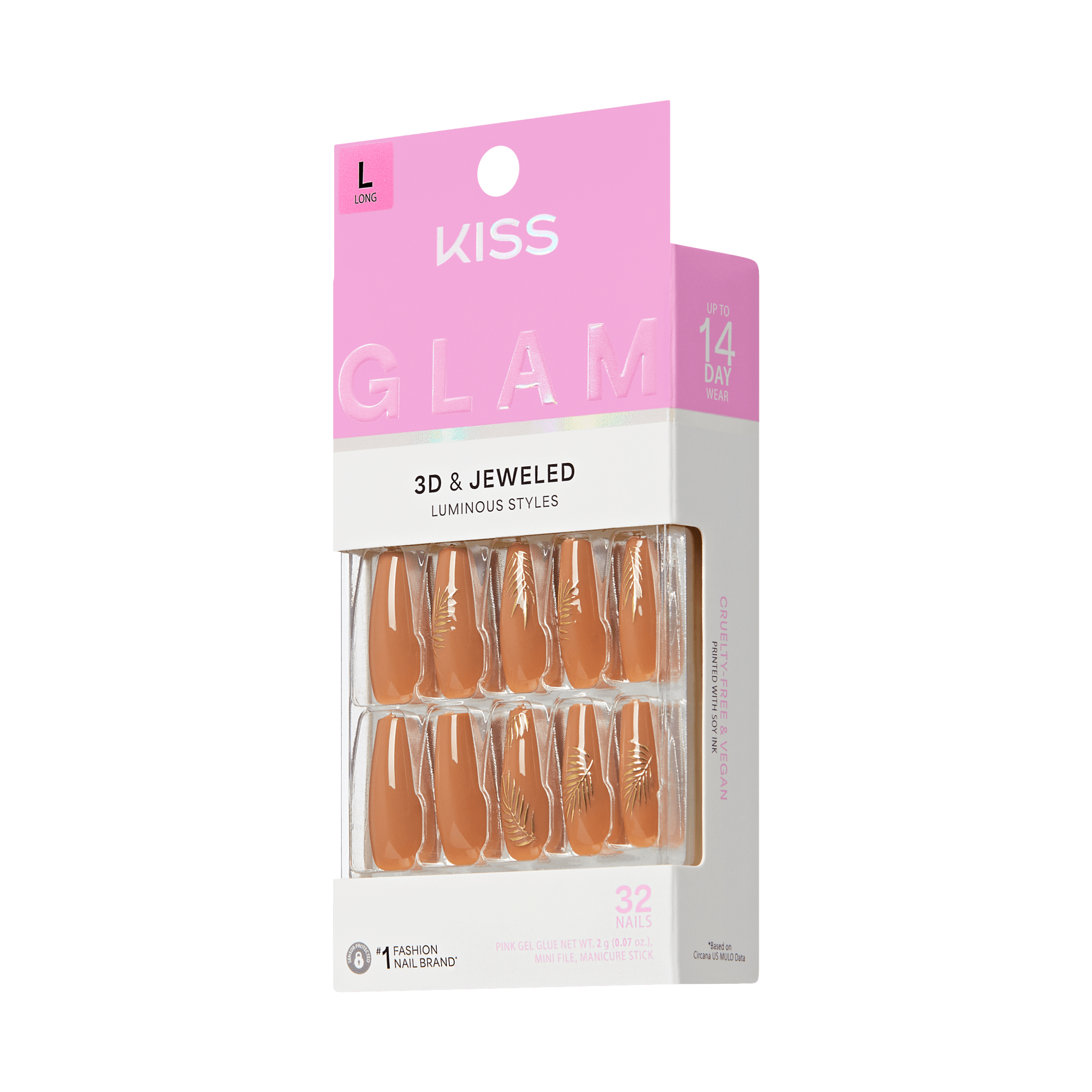 KISS Glam Fantasy 3D &amp; Jeweled Luminous Styles press-on nails packaging, Long size, 32 nails, pink and white box with transparent nail display