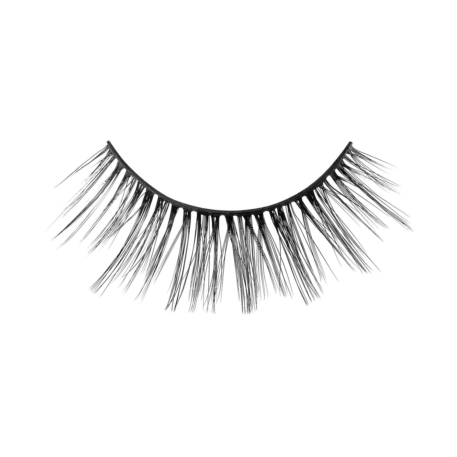 Black false eyelashes with full, voluminous lashes on curved band.