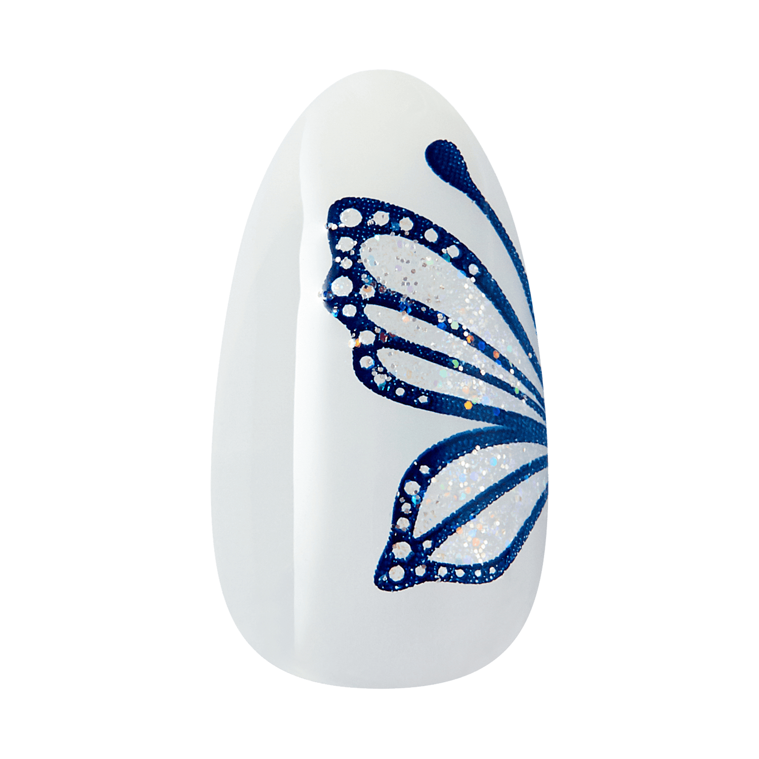 The image features a nail art design on a white nail tip. The design showcases a butterfly, intricately detailed with a shimmering blue outline and filled with sparkling glitter. The butterfly&