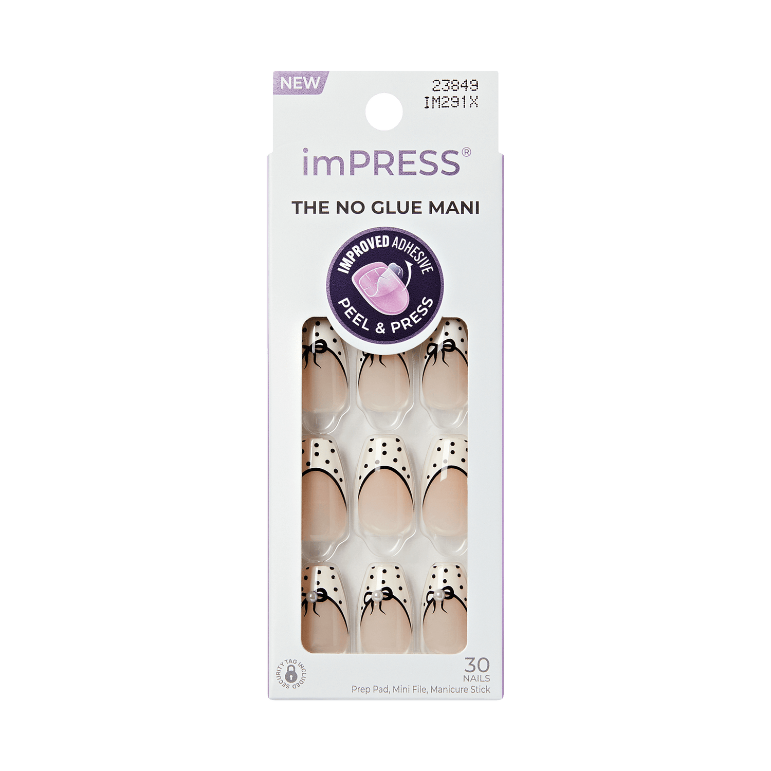 Impress Design No Glue Fake Press On Nails - Leafy | French Design, Black &amp; White, Medium, Coffin, Manicure