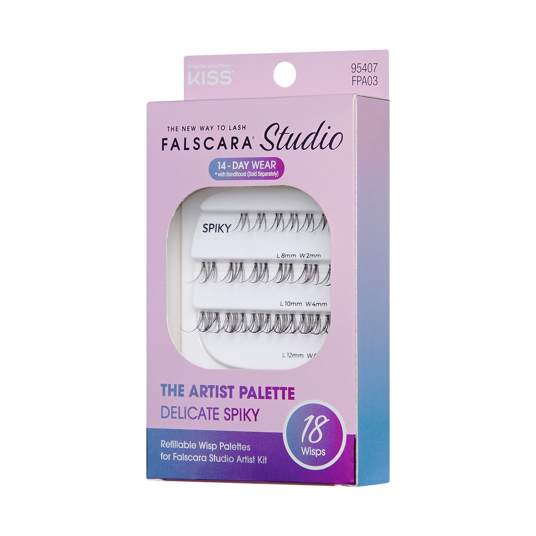 The image features a product packaging for "Falscara Studio" by Kiss, specifically the "Delicate Spiky" lash palette. The box is designed in a soft pastel color scheme, predominantly pink and purple. It highlights that the lashes offer 14-day wear and includes 18 individual wisps of varying lengths (10mm, 12mm, and 14mm). The packaging emphasizes its use for creating a delicate, spiky lash look and is labeled as part of "The Artist Palette.