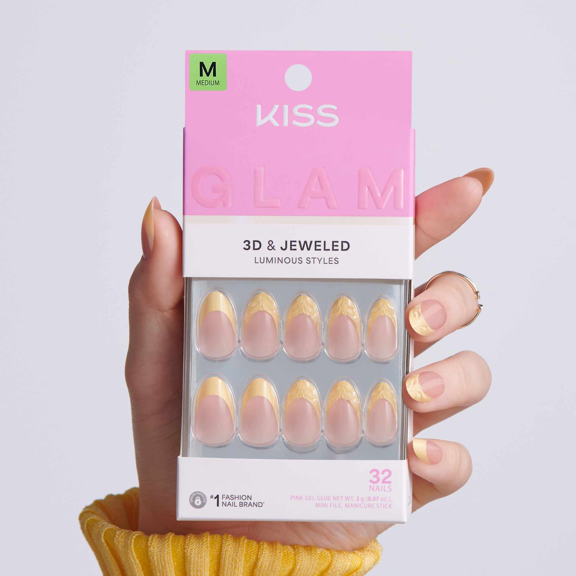 Kiss Glam Jeweled Press On Fake Glue Nails - Gleam Catcher | 3D &amp; Jeweled French, Yellow, Medium, Almond