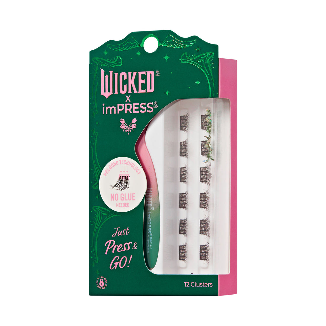 The image features a packaging for a product called "Wicked x imPRESS," which includes 12 clusters of false eyelashes. The design is vibrant, with a pink background and green accents. The packaging highlights the ease of use with the phrase "Just Press &amp; Go!" and emphasizes that no glue is needed for application. The product appears to be themed, possibly inspired by the musical "Wicked," as suggested by the branding.