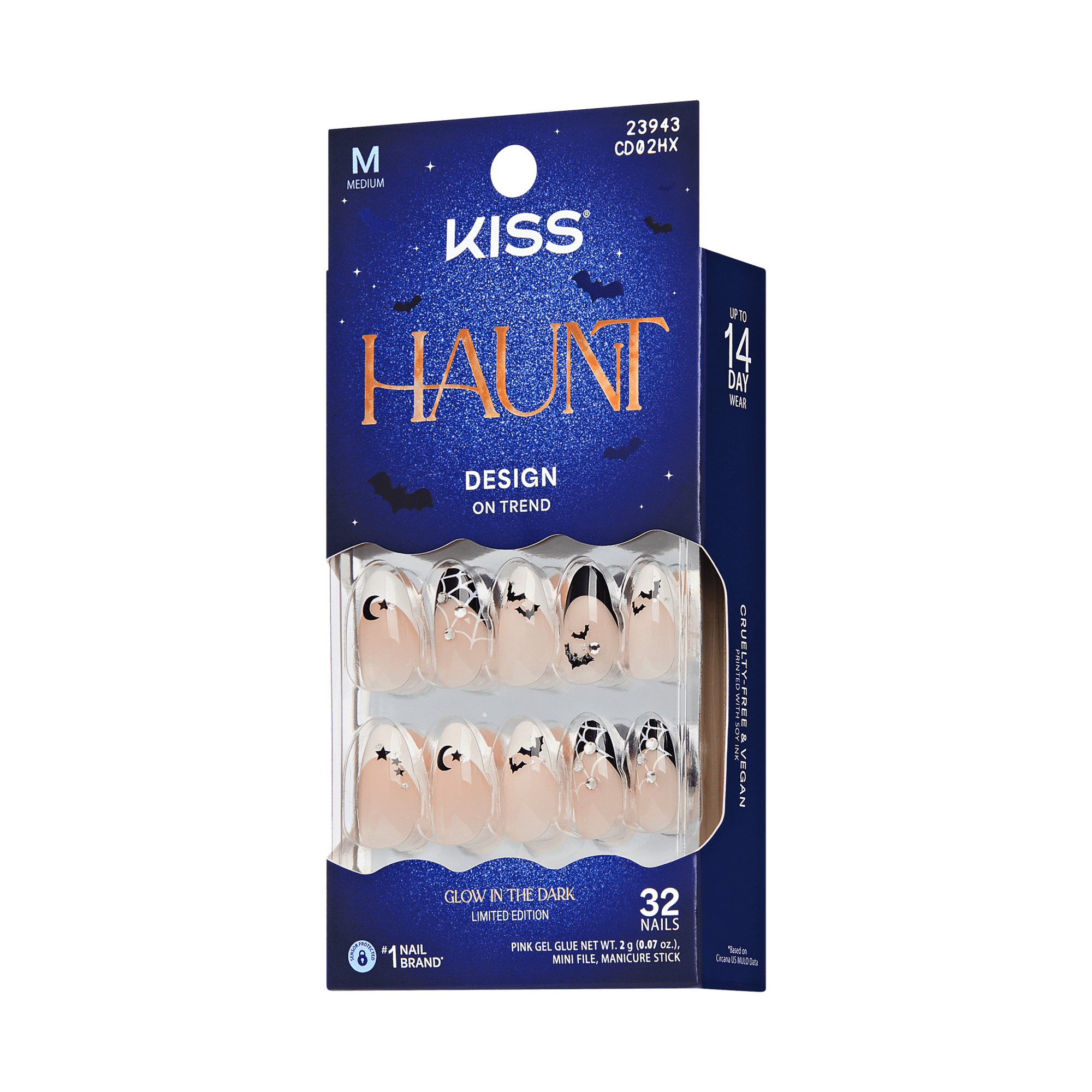 Kiss Haunt Halloween Press On Fake Glue Nails - HalloQueen | French Design, Black &amp; White, Medium, Almond, Glow In The Dark