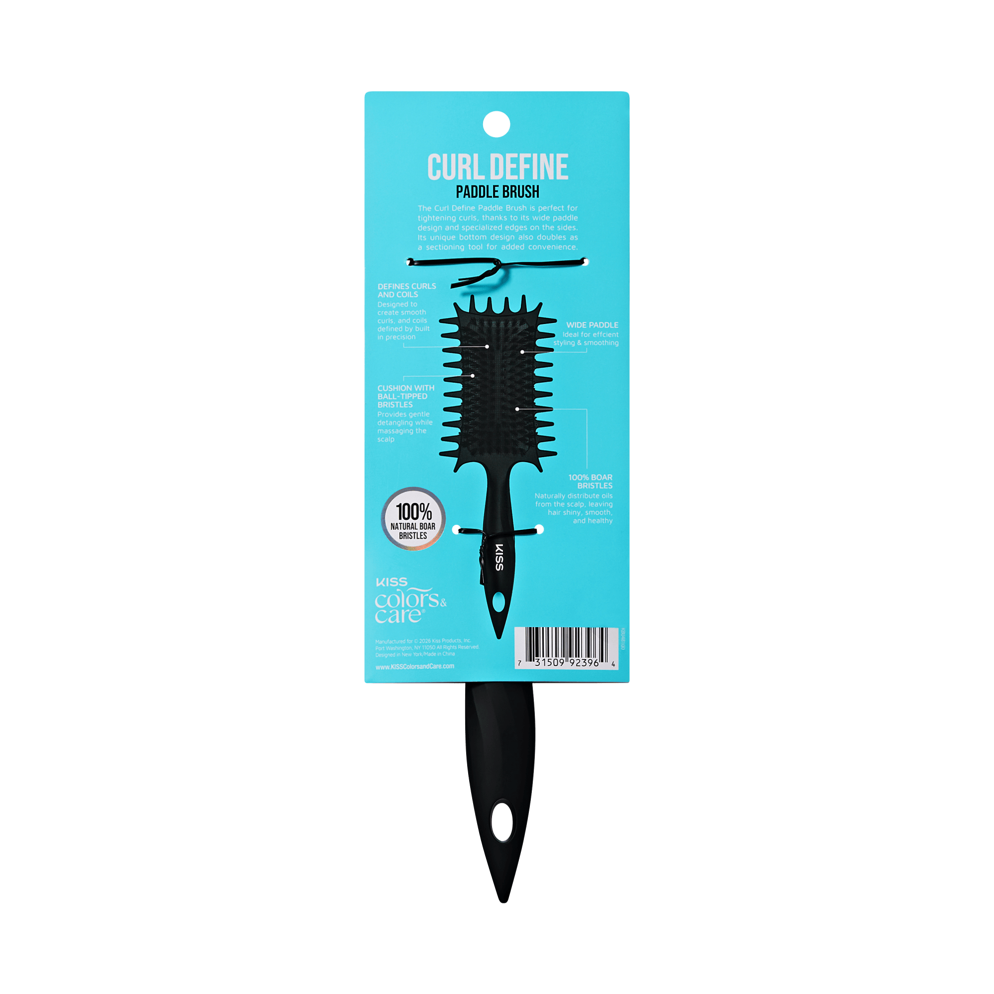 Kiss Curl Define Paddle Brush with boar bristles packaging and product display.