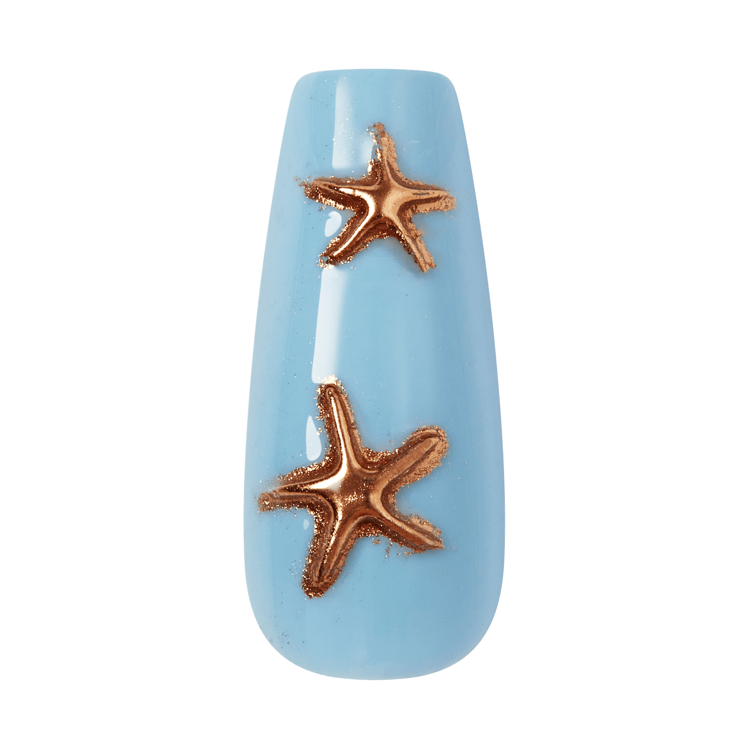 Nail art with gold starfish decorations on a light blue background