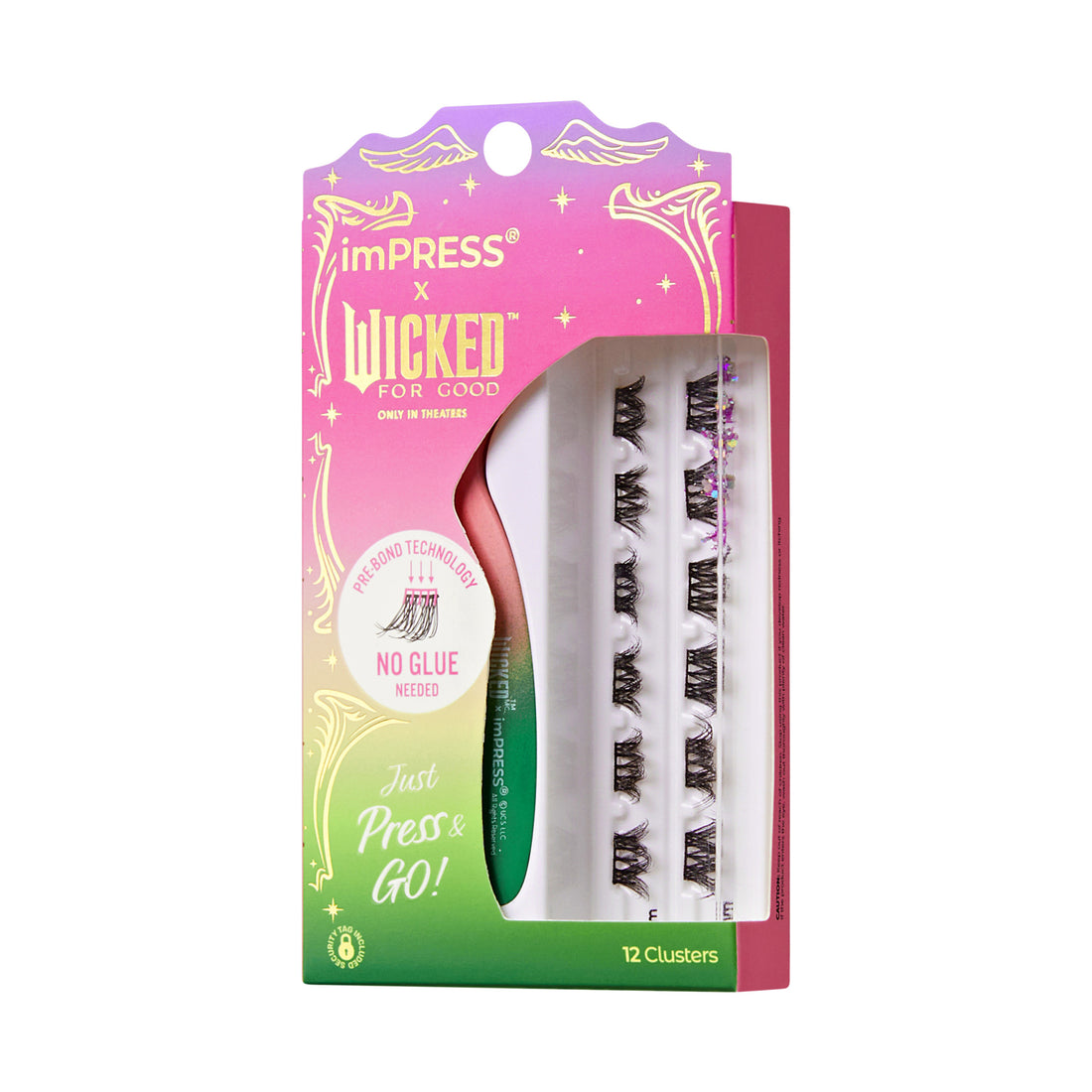 imPRESS X WICKED false eyelash clusters packaging in pink and green gradient, featuring \
