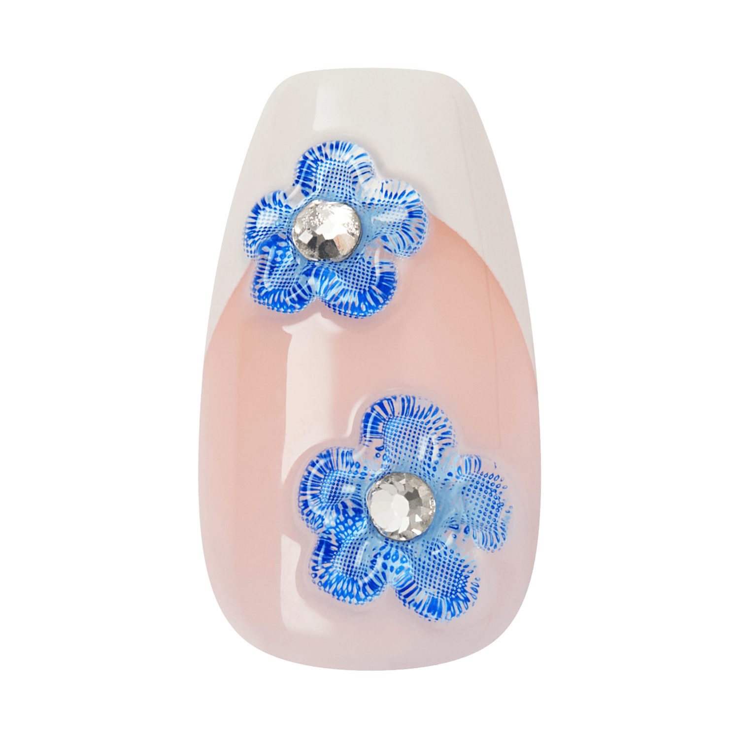 Nail art design with blue flowers and rhinestones on a beige background