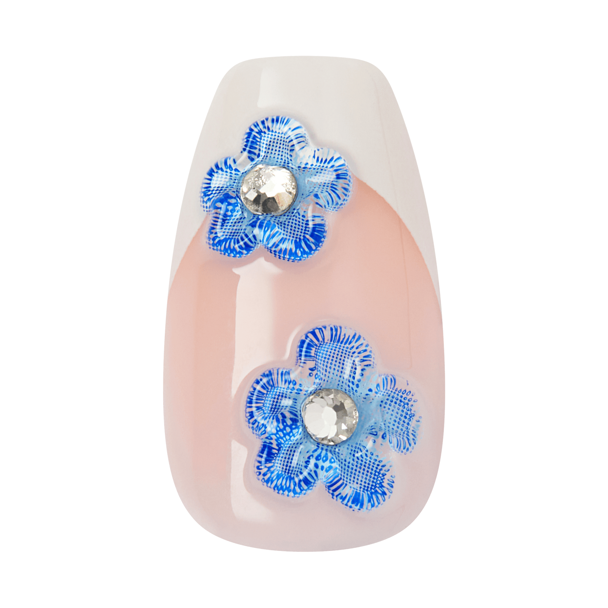 Nail art design with blue flowers and rhinestones on a beige background