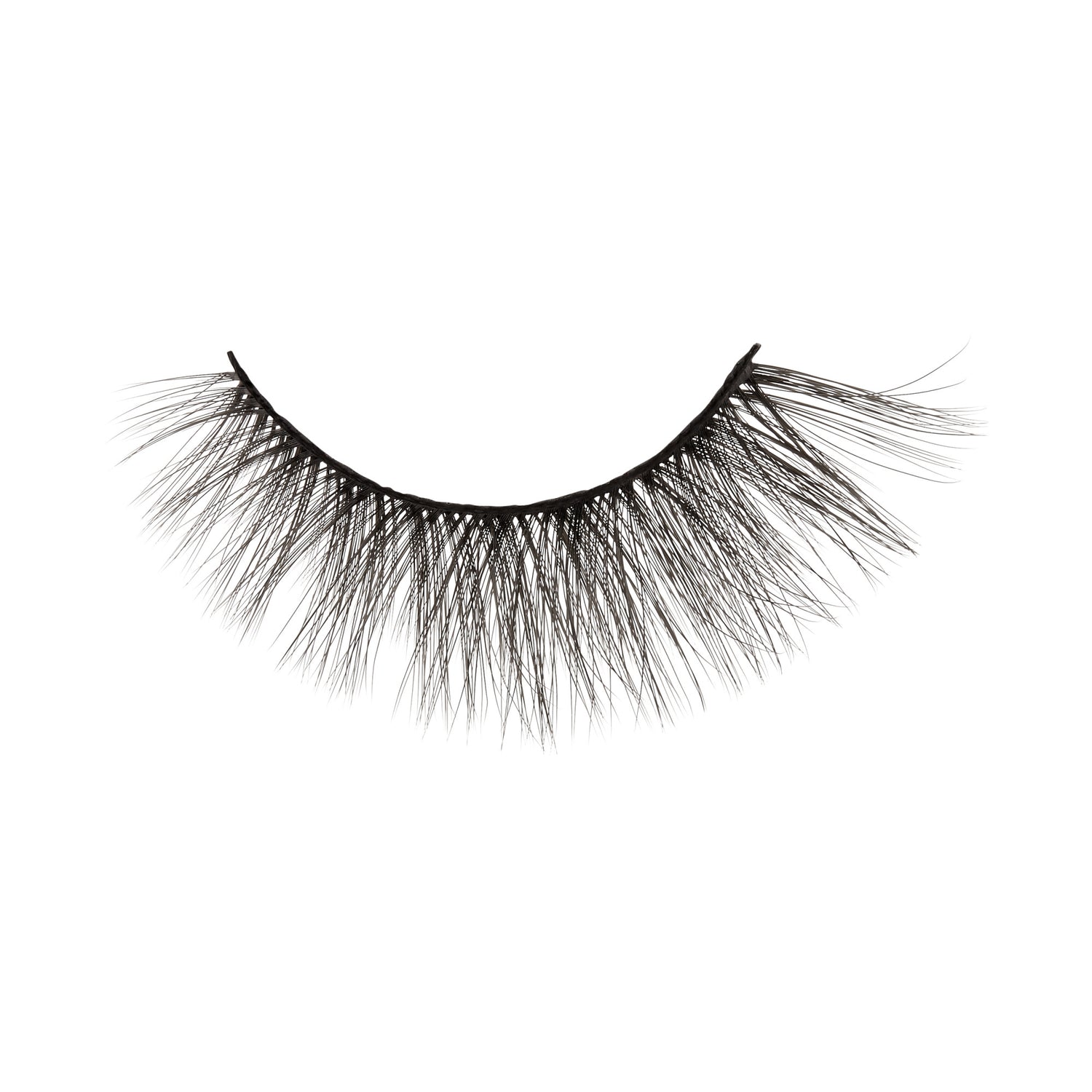 Dramatic false eyelashes with full, layered black fibers on curved lash band.