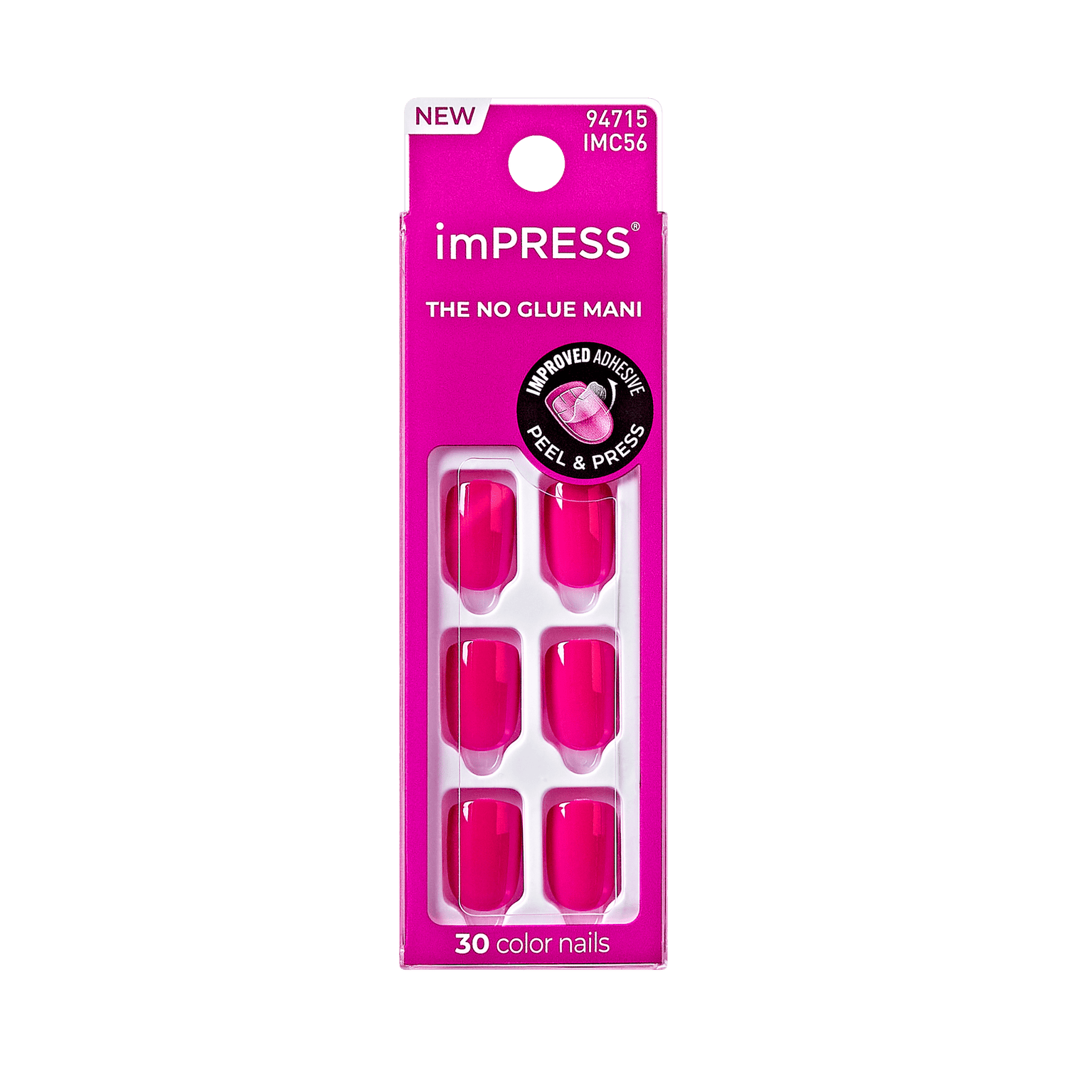 Bright pink imPRESS press-on nails in packaging with text highlighting no glue needed and improved adhesive peel &amp; press, containing 30 nails.