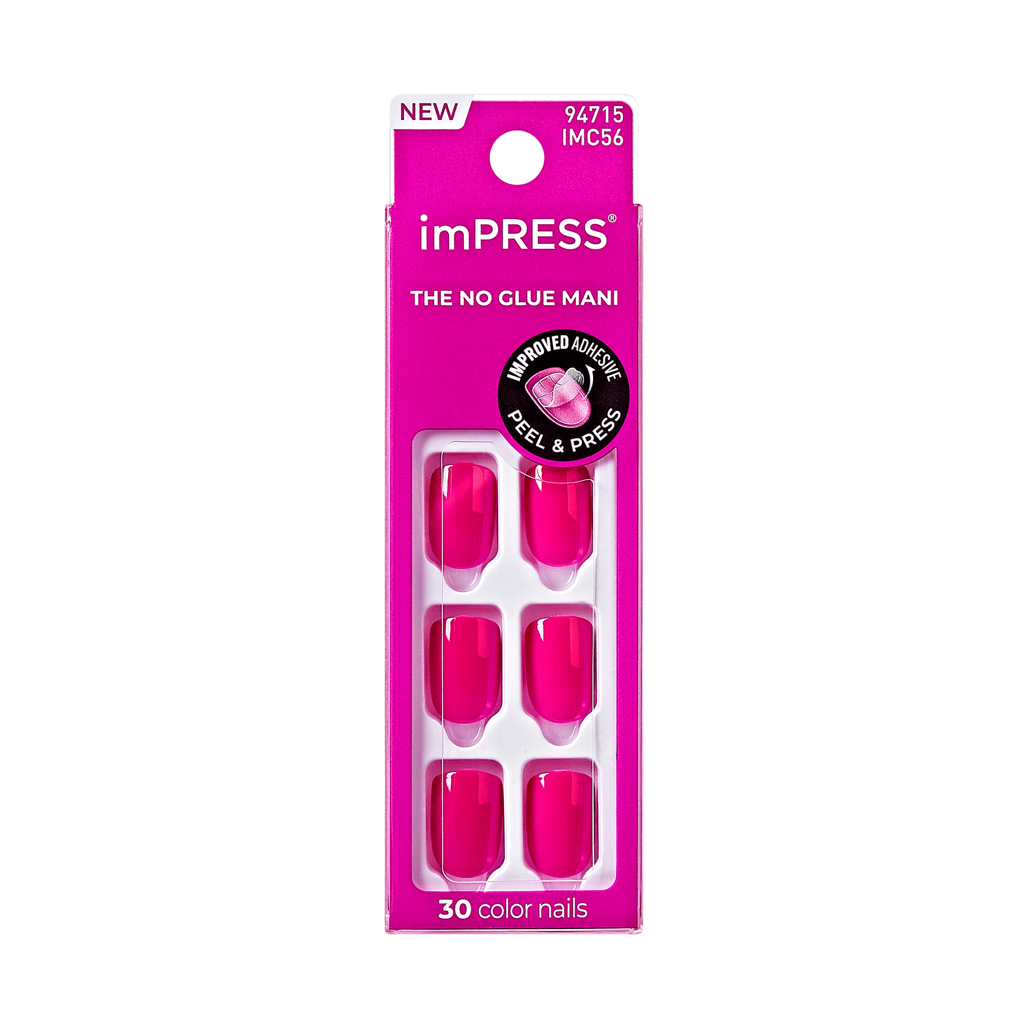 Bright pink imPRESS press-on nails in packaging with text highlighting no glue needed and improved adhesive peel &amp; press, containing 30 nails.